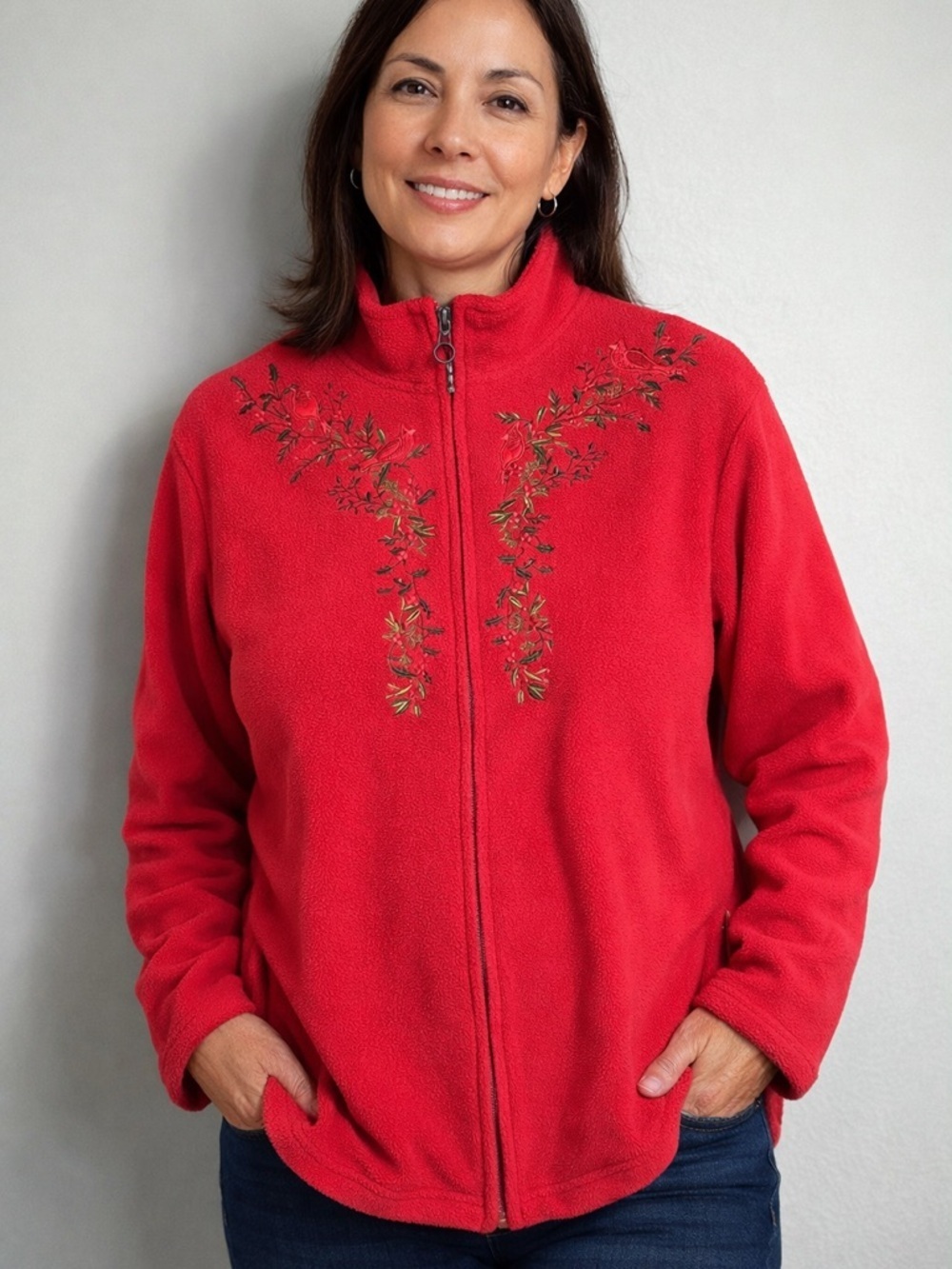 Tradition Country Collection Red Fleece XL 18 Embroidered Zip Up Cottagecore